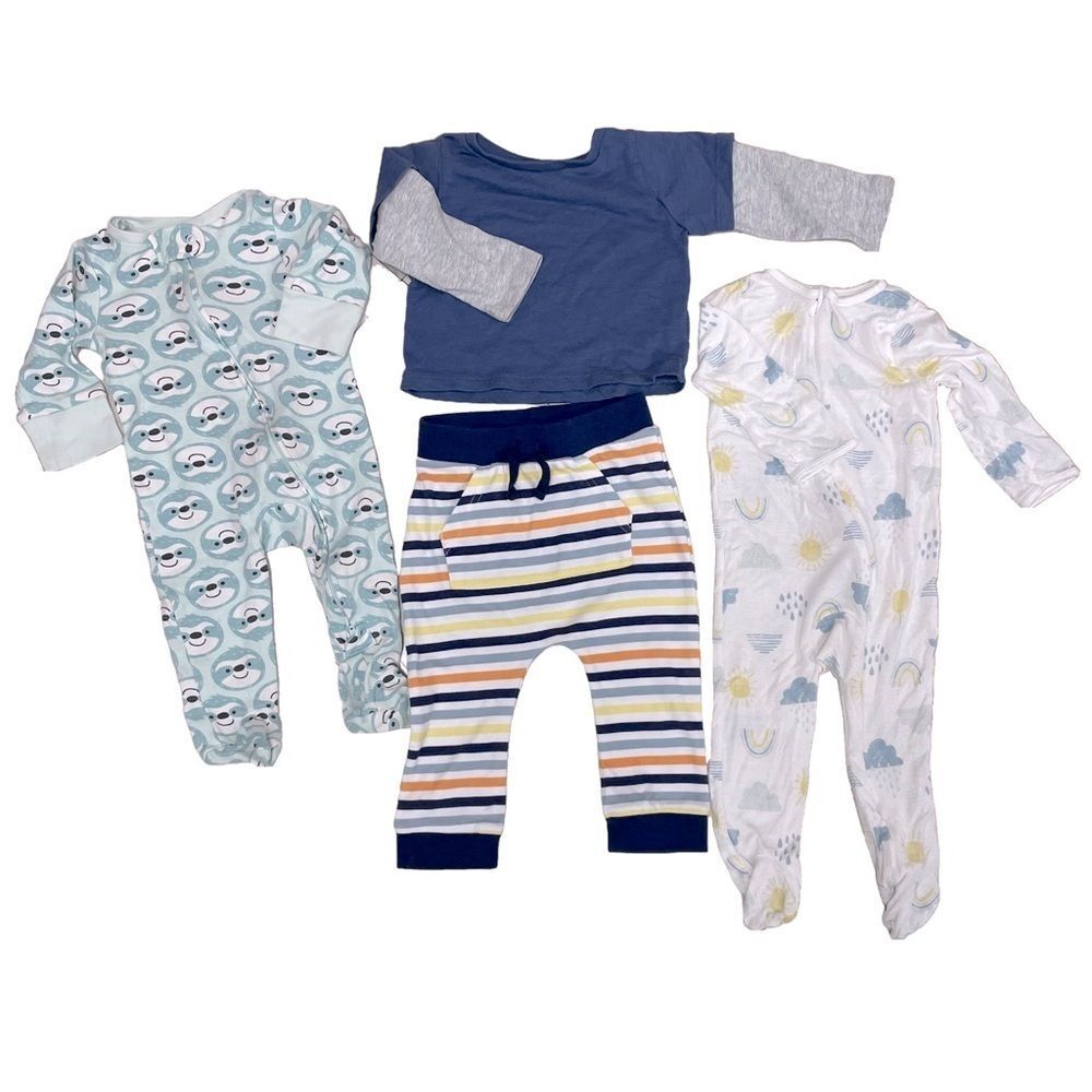 Lullaby Lane Set of 4 Sleepers Pants Shirt Blue Sloth Baby Boy Size 6-9 Months